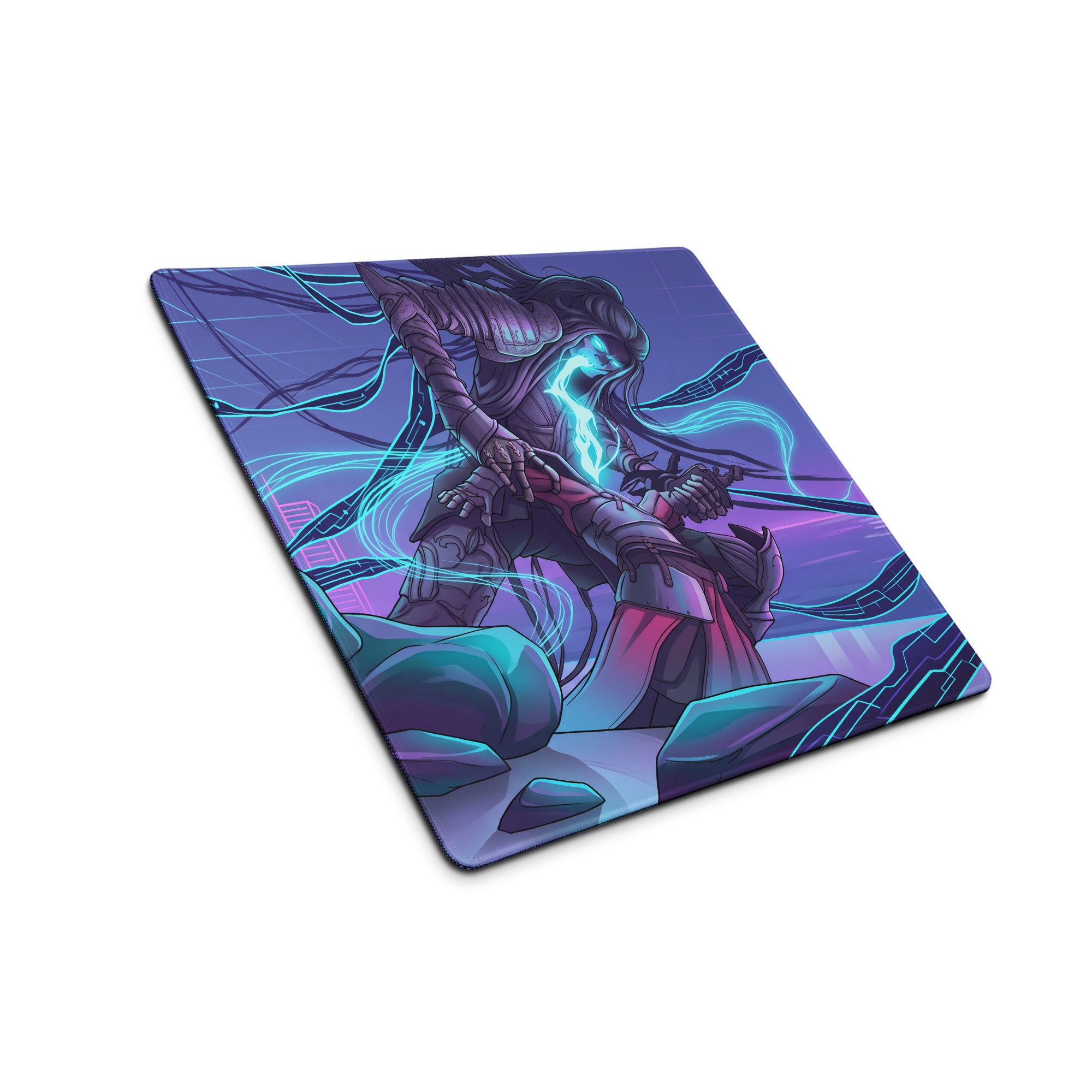 Neon vaporwave gaming mouse pad with purple and blue fantasy warrior and glowing cyan energy design for cyberpunk desks