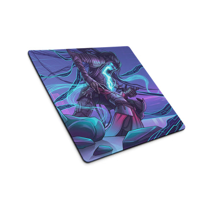 Neon vaporwave gaming mouse pad with purple and blue fantasy warrior and glowing cyan energy design for cyberpunk desks