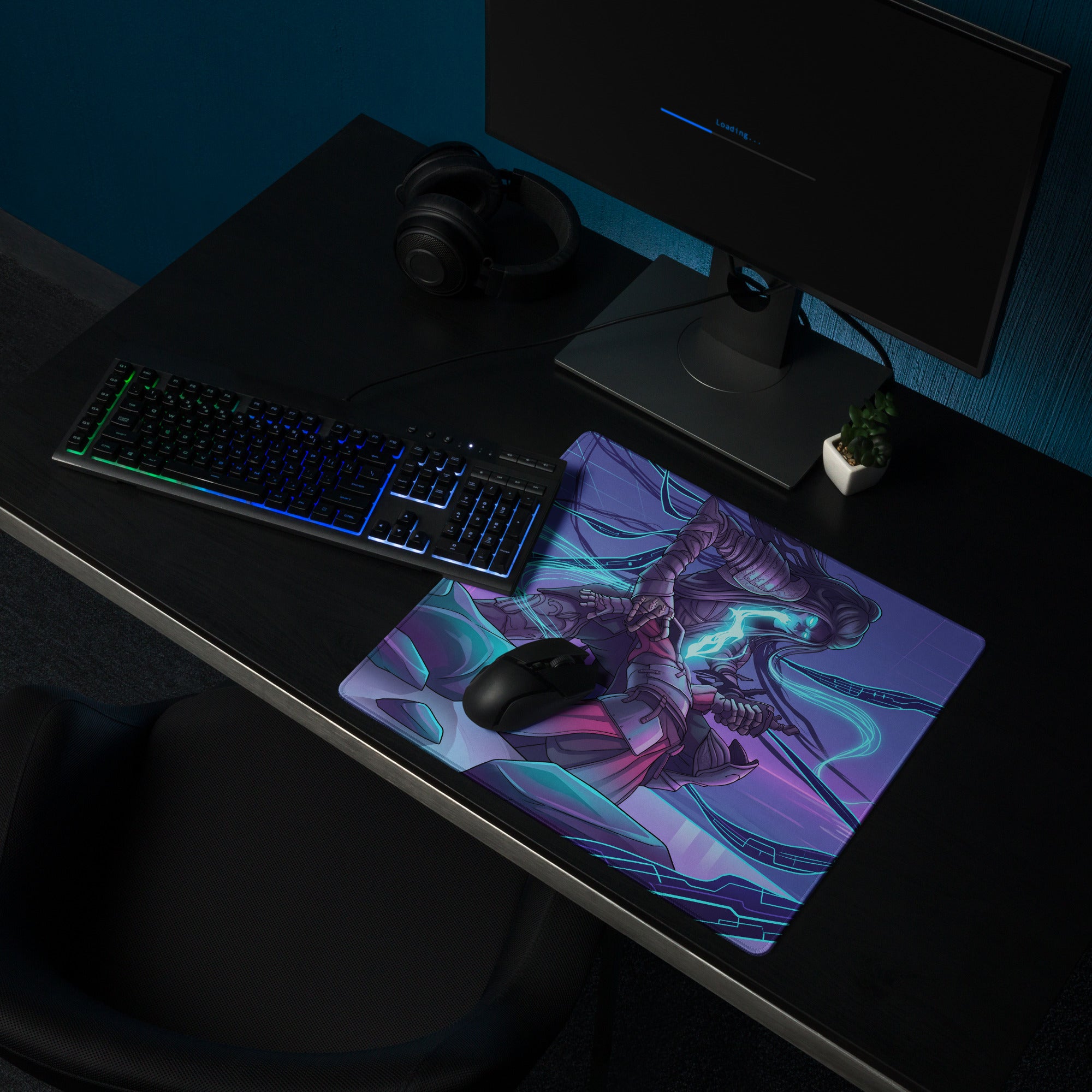 Purple and teal neon vaporwave gaming mouse pad with a futuristic warrior illustration and glowing energy effects