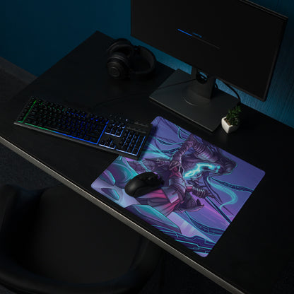 Purple and teal neon vaporwave gaming mouse pad with a futuristic warrior illustration and glowing energy effects