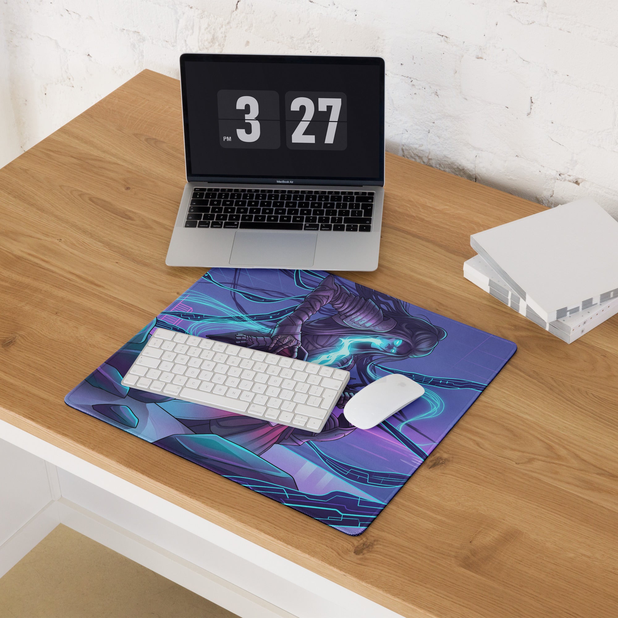 Neon vaporwave gaming mouse pad with purple and blue neon sci-fi character design for cyberpunk desk setup
