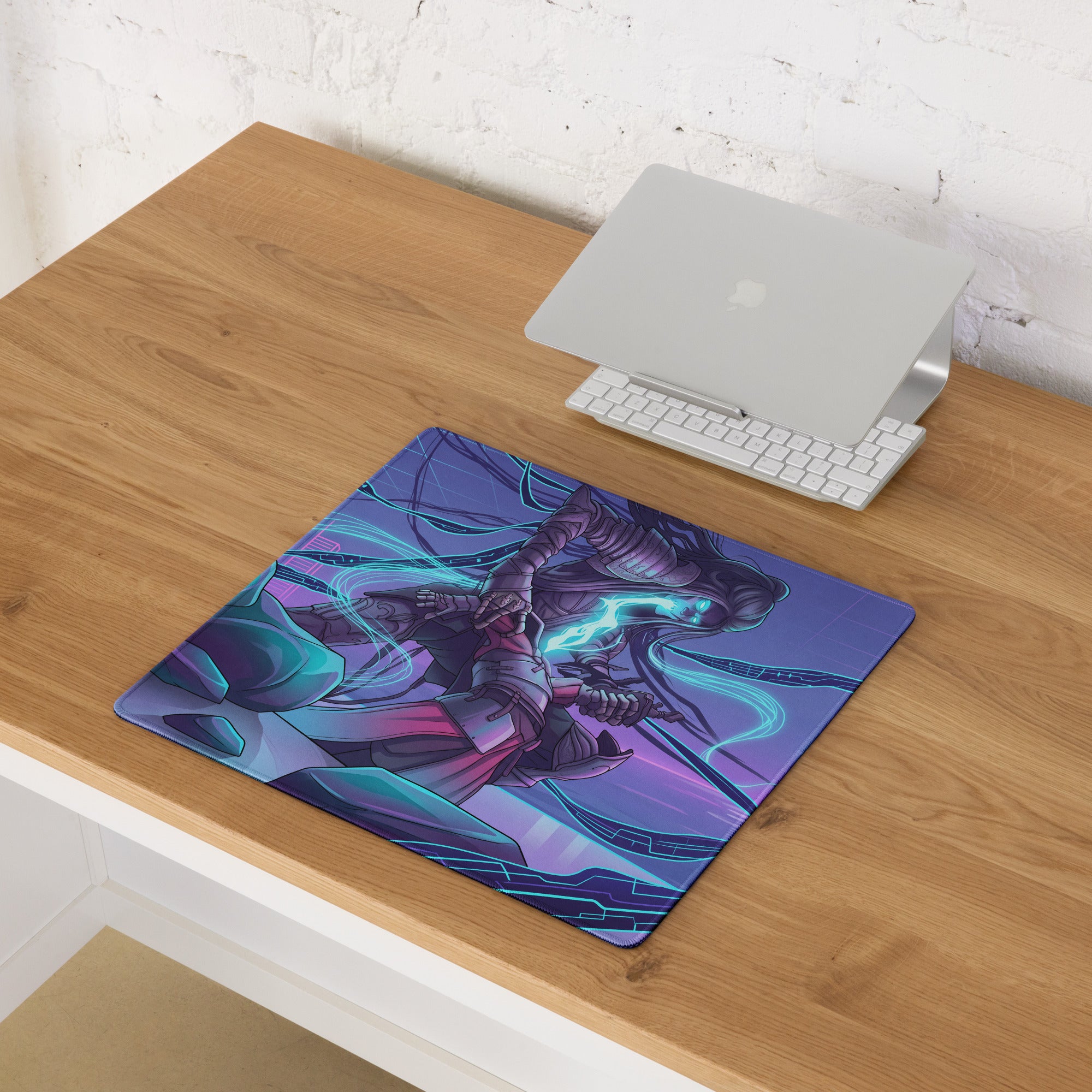 Neon vaporwave gaming mouse pad with purple teal colors and an armored warrior with glowing blue energy illustration