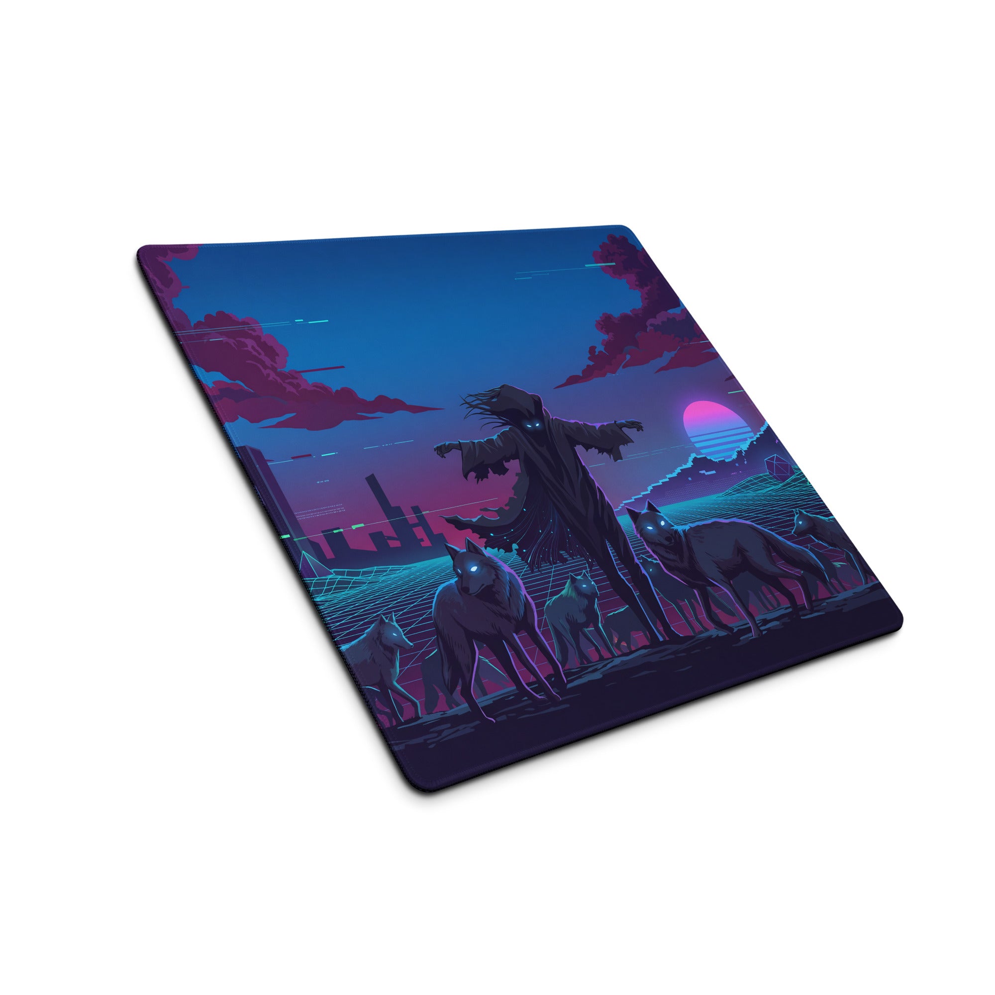 Nebula-themed vaporwave wolf neon gaming mouse pad with dark silhouette and vibrant purple pink blue cyberpunk sky design
