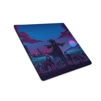 Nebula-themed vaporwave wolf neon gaming mouse pad with dark silhouette and vibrant purple pink blue cyberpunk sky design