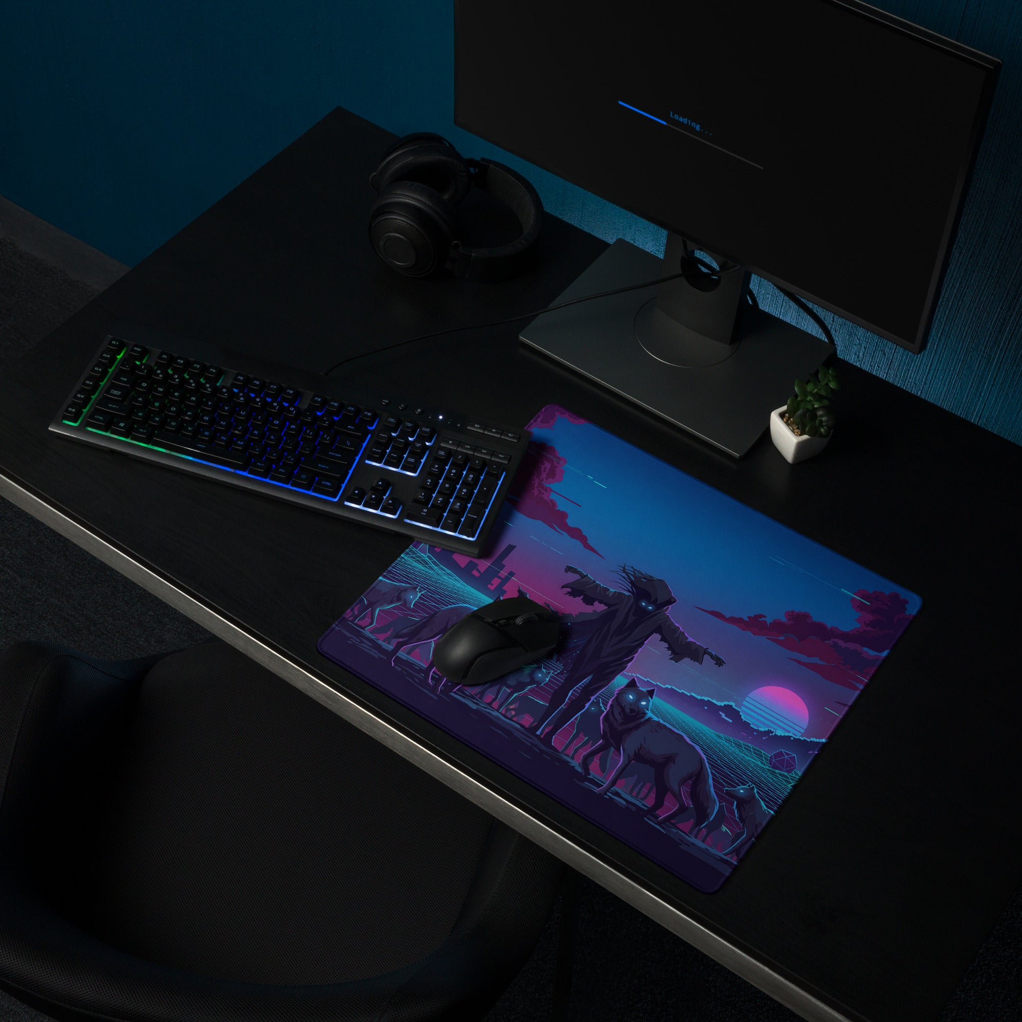 Vaporwave wolf neon mouse pad with glowing purple pink sunset and futuristic silhouettes for gaming desks