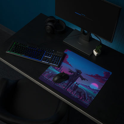 Vaporwave wolf neon mouse pad with glowing purple pink sunset and futuristic silhouettes for gaming desks