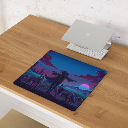 Navy blue and purple vaporwave wolf neon mouse pad with glowing eyes figure and wolves against neon sunset skyline