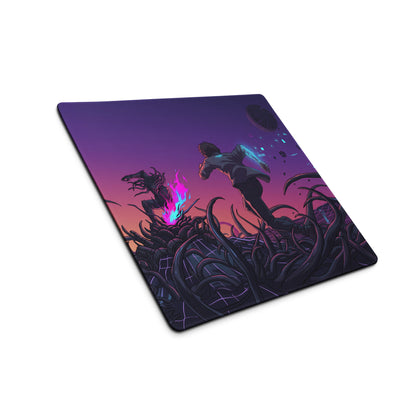 Purple and pink gradient gaming mouse pad with dynamic anime character running through dark tentacle terrain and blue energy effects