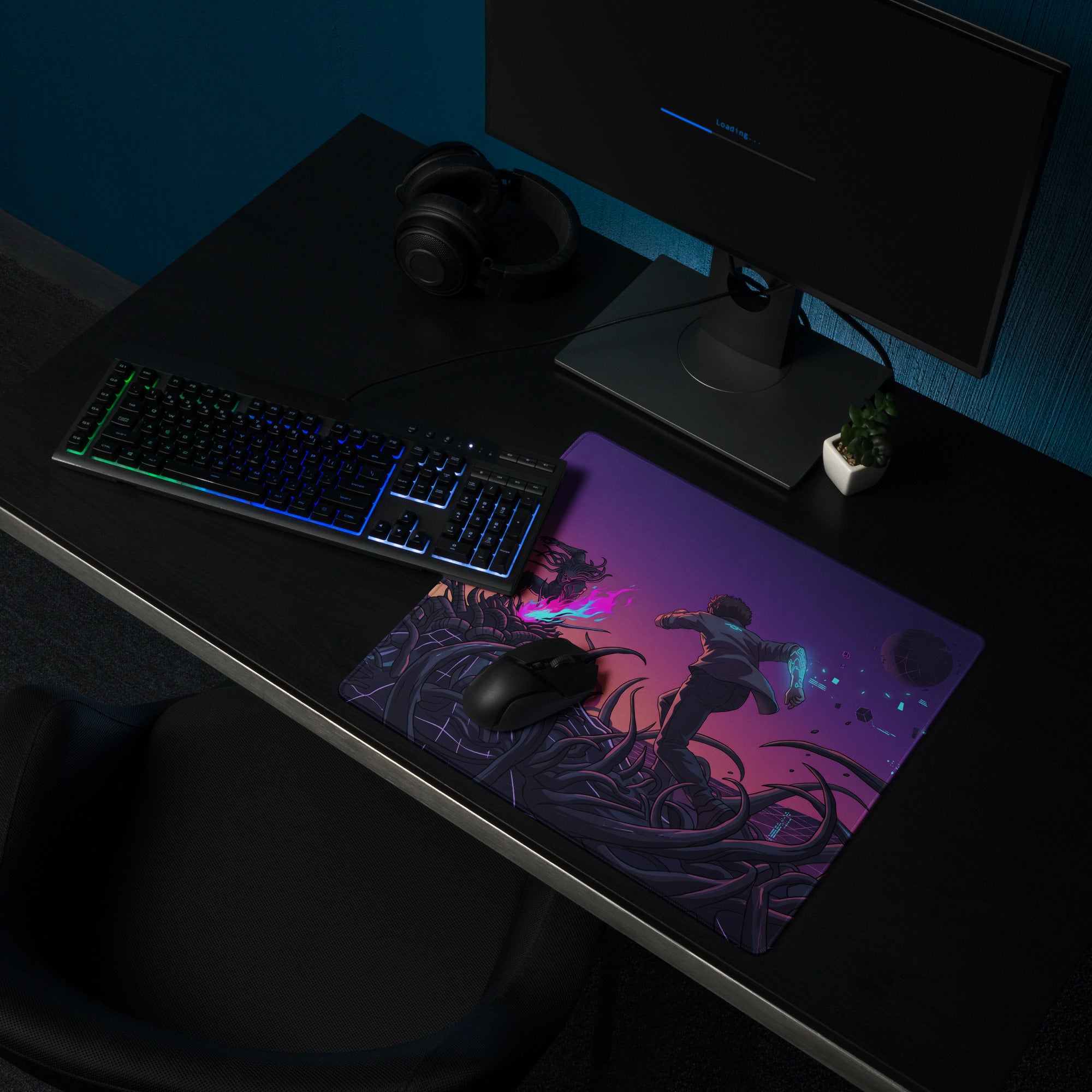 Purple and black gaming mouse pad with neon vaporwave galaxy design featuring dynamic character art for desk decor