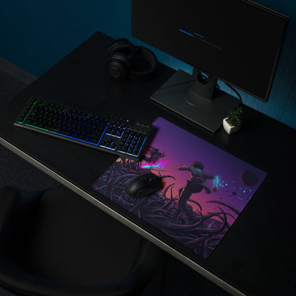 Purple and black gaming mouse pad with neon vaporwave galaxy design featuring dynamic character art for desk decor