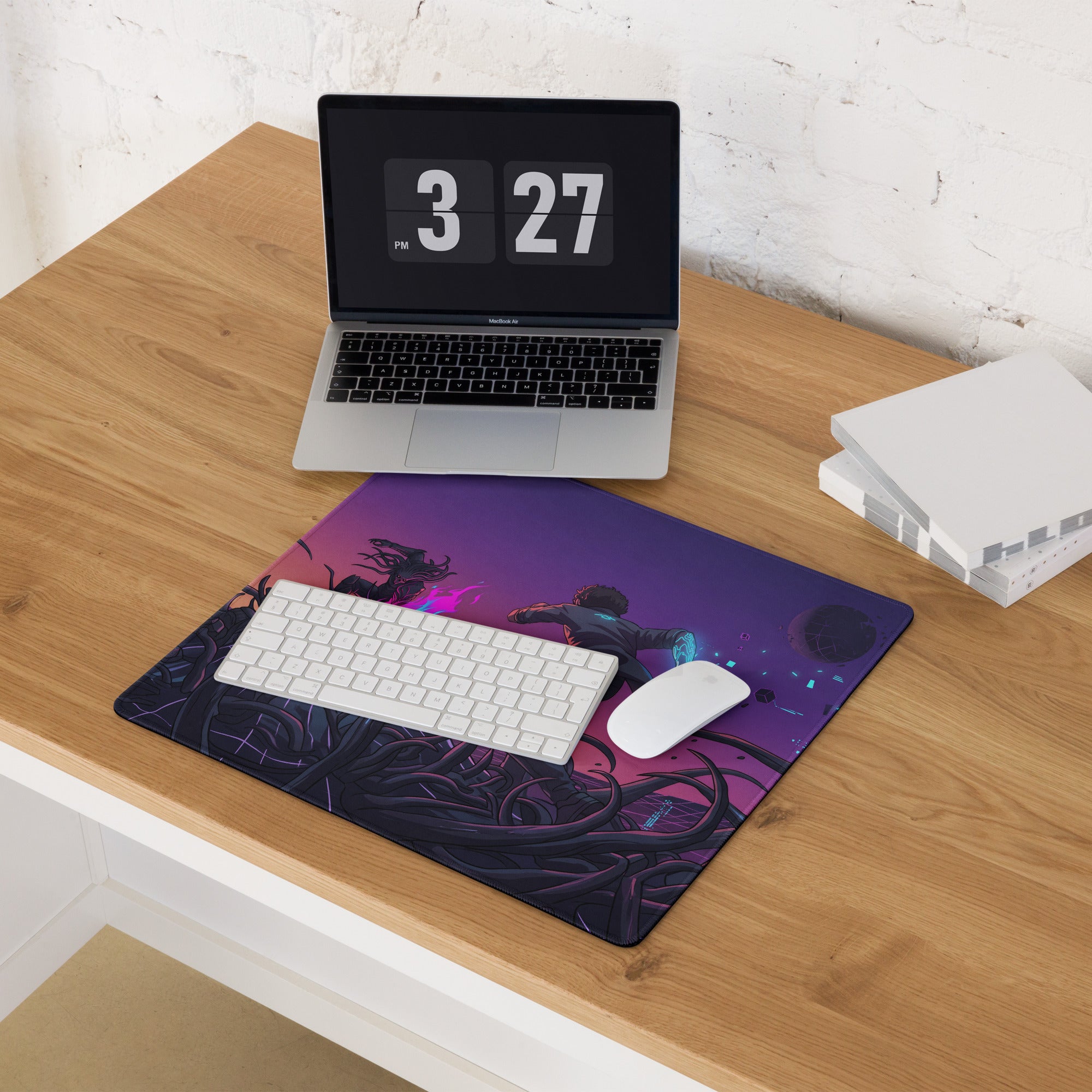Purple and black fantasy-themed neon vaporwave galaxy mouse pad with glowing sci-fi character design for gaming desk use