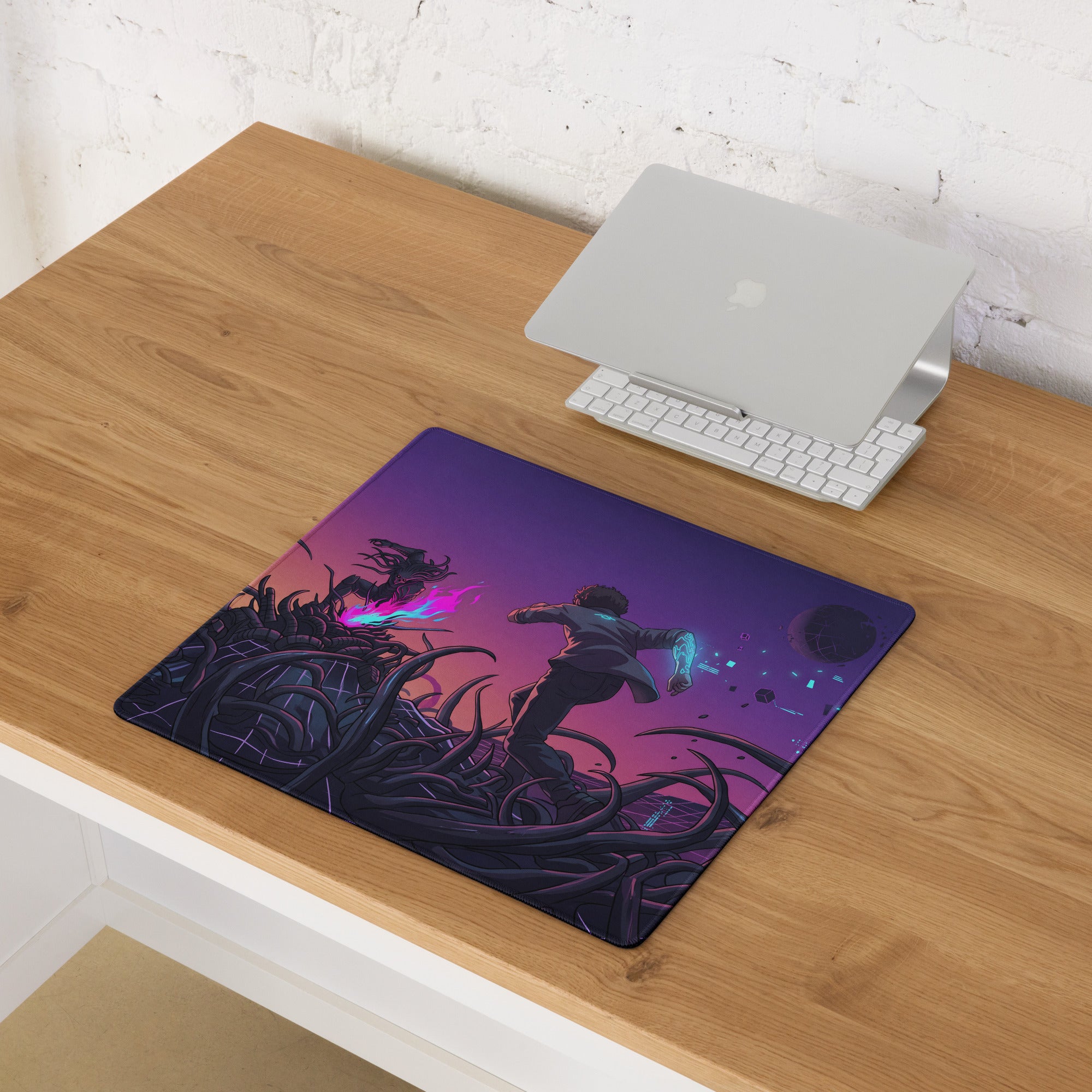 Neon vaporwave galaxy gaming mouse pad in purple and black with glowing blue and pink sci-fi energy effects