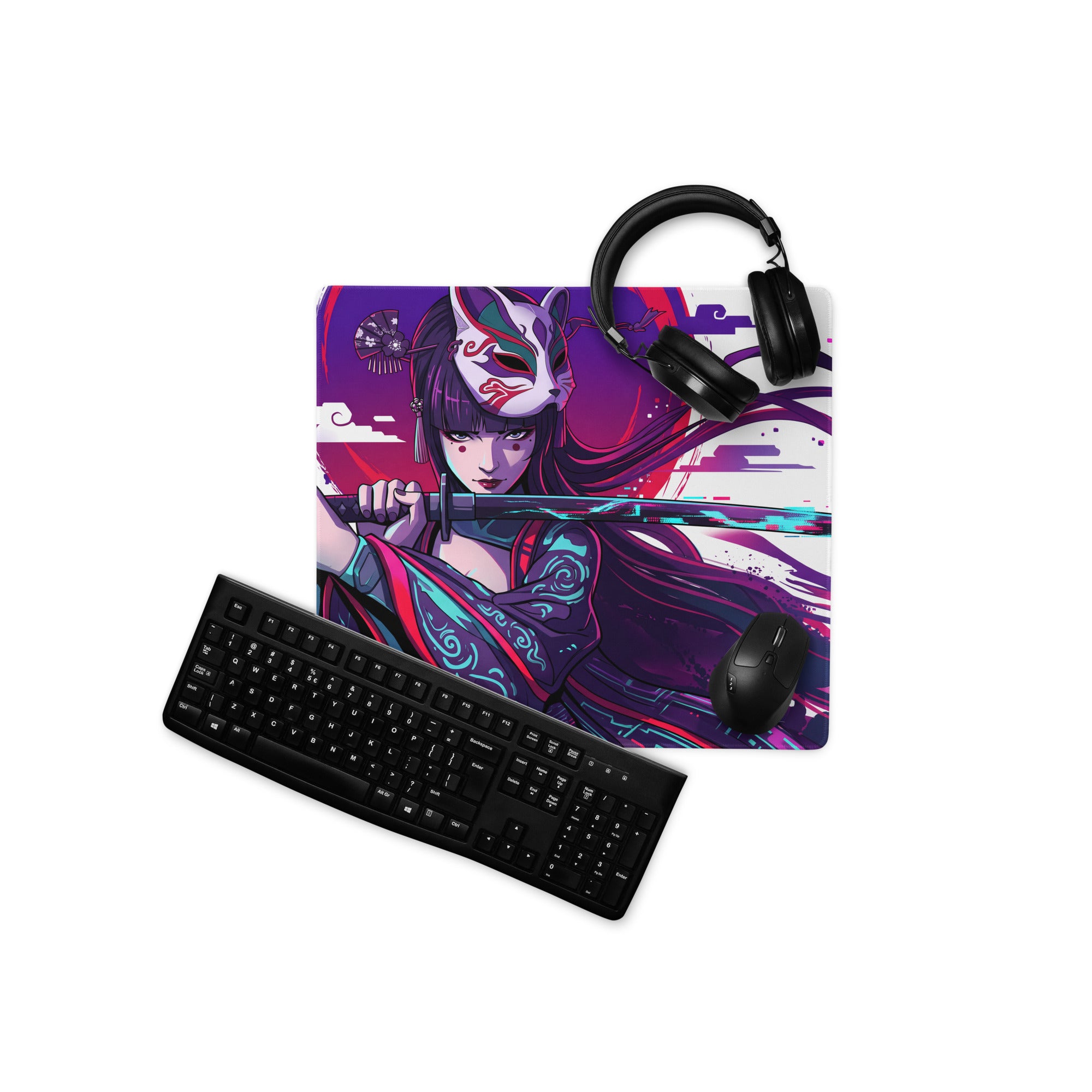 Purple and white vaporwave neon samurai anime gaming mouse pad with masked samurai holding sword on vibrant background