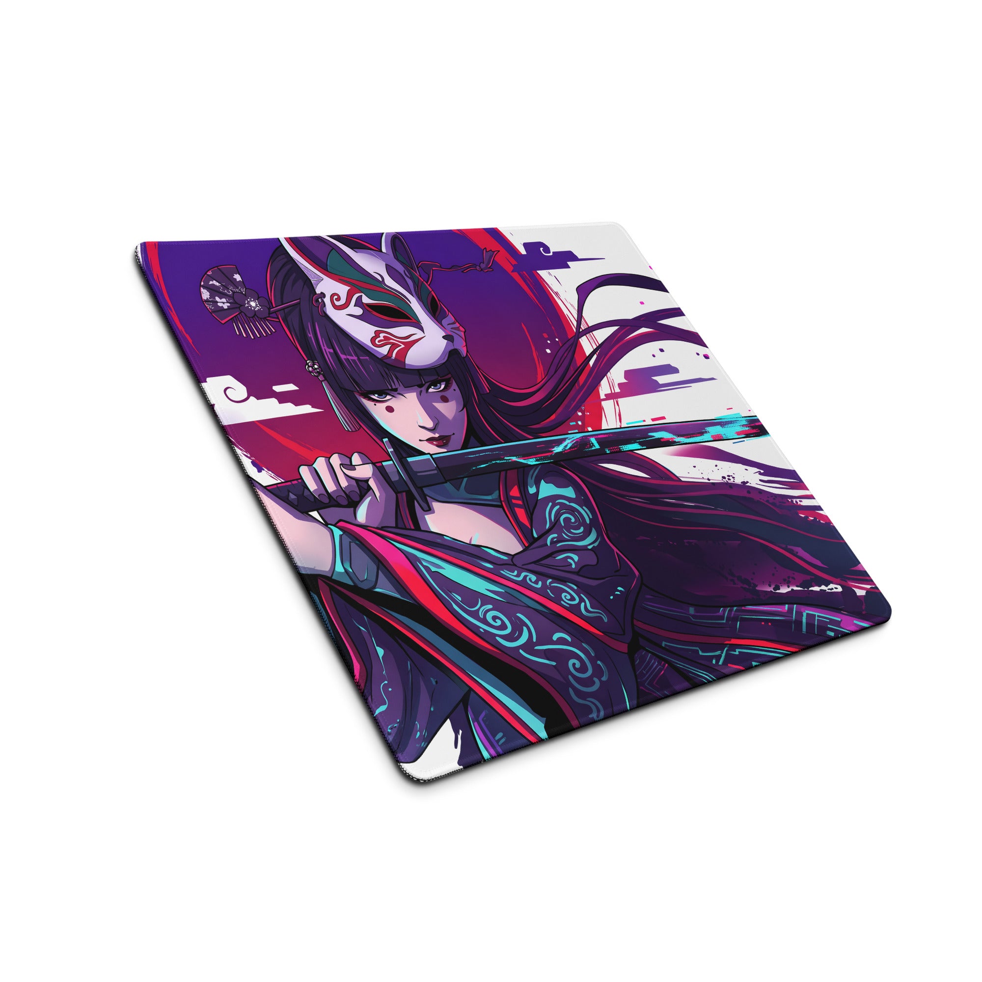 Vaporwave neon samurai mouse pad with purple and teal anime-style ninja masked warrior holding sword in flowing robes