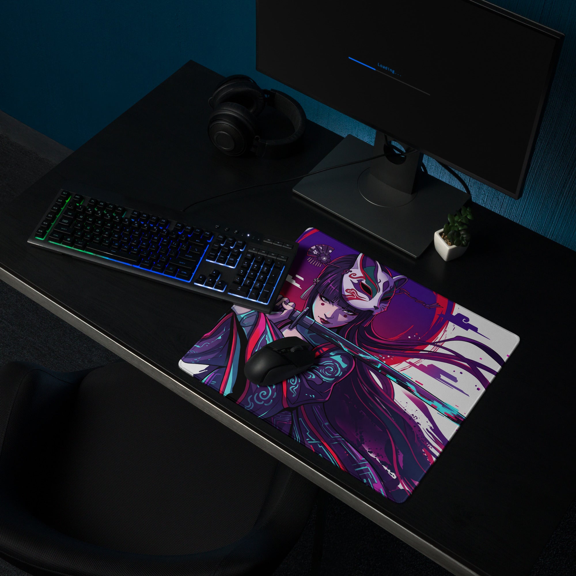 Vibrant purple and teal vaporwave neon samurai mouse pad featuring detailed anime character in traditional attire