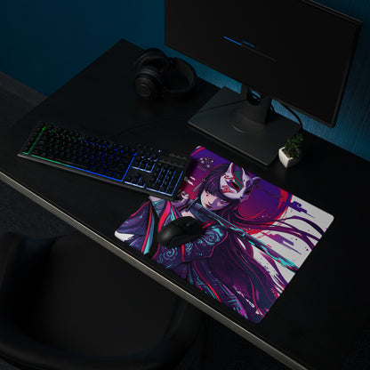 Vibrant purple and teal vaporwave neon samurai mouse pad featuring detailed anime character in traditional attire