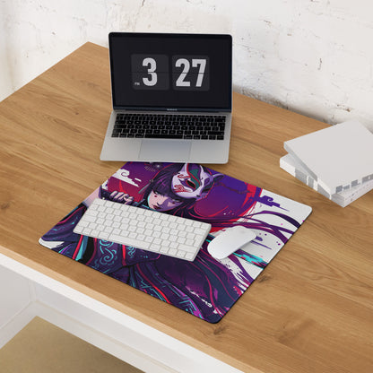 Vaporwave neon samurai mouse pad featuring vibrant purple and red anime character with flowing hair on wooden desk