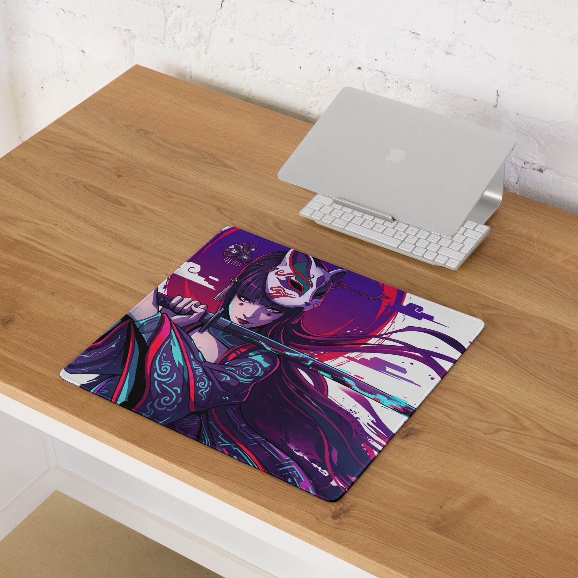 Vibrant purple and teal vaporwave neon samurai mouse pad featuring a masked warrior in flowing robes for anime fans