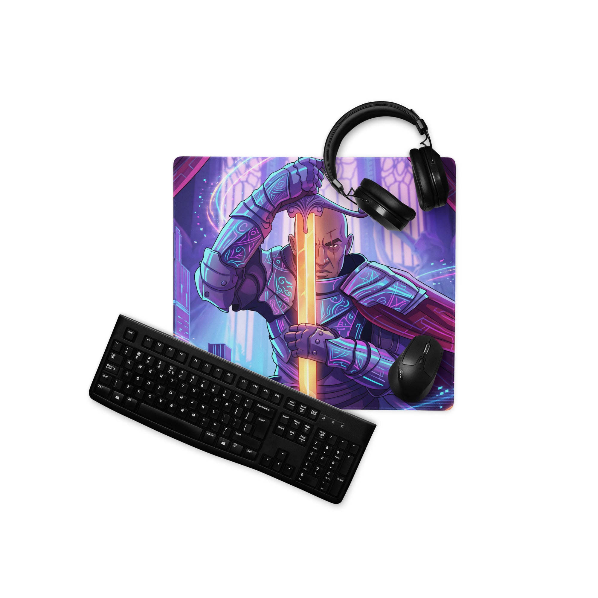 Neon vaporwave samurai mouse pad with vibrant purple and blue design featuring a knight holding a glowing sword for gaming desk use