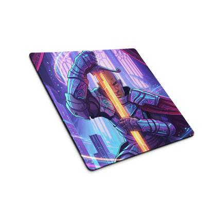Neon vaporwave samurai mouse pad with vibrant purple and blue fantasy warrior design holding glowing orange sword