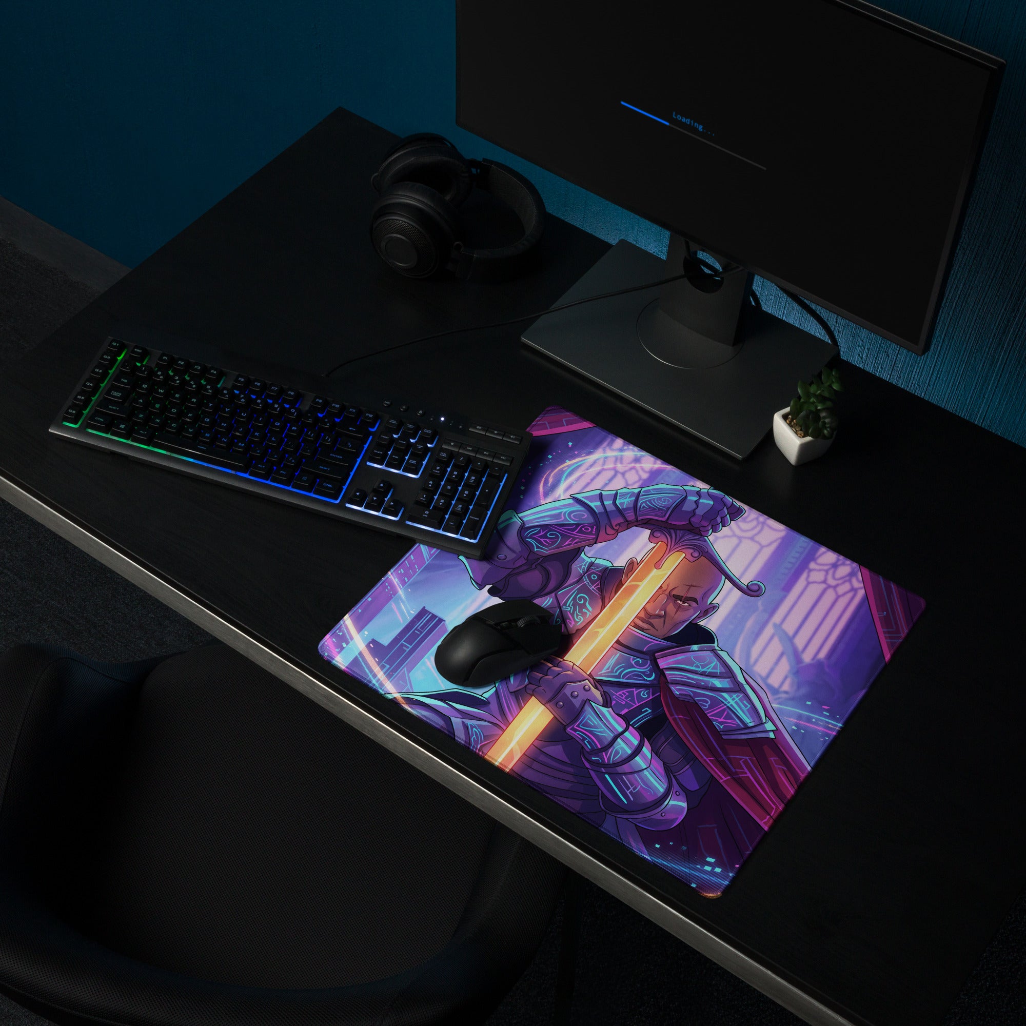 Neon vaporwave samurai gaming mouse pad with vibrant purple and neon orange futuristic warrior illustration