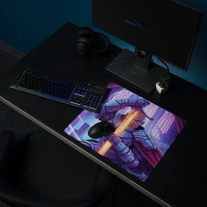 Neon vaporwave samurai gaming mouse pad with vibrant purple and neon orange futuristic warrior illustration