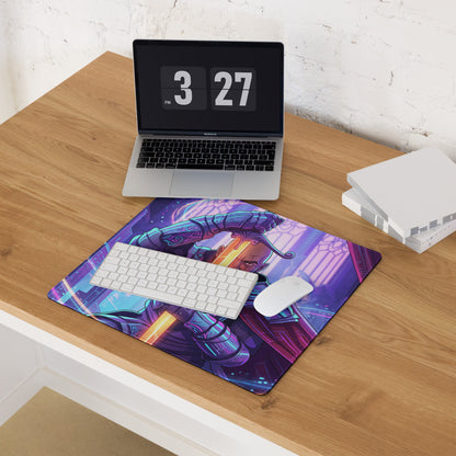 Neon vaporwave samurai mouse pad with vibrant purple and blue design featuring an armored character wielding glowing orange energy