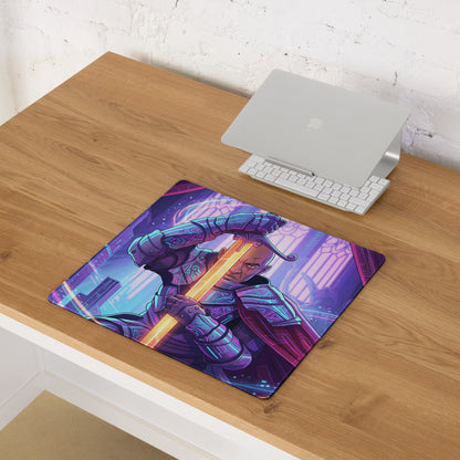 Neon vaporwave samurai mouse pad with vibrant purple blue design featuring futuristic warrior and glowing orange sword for gaming