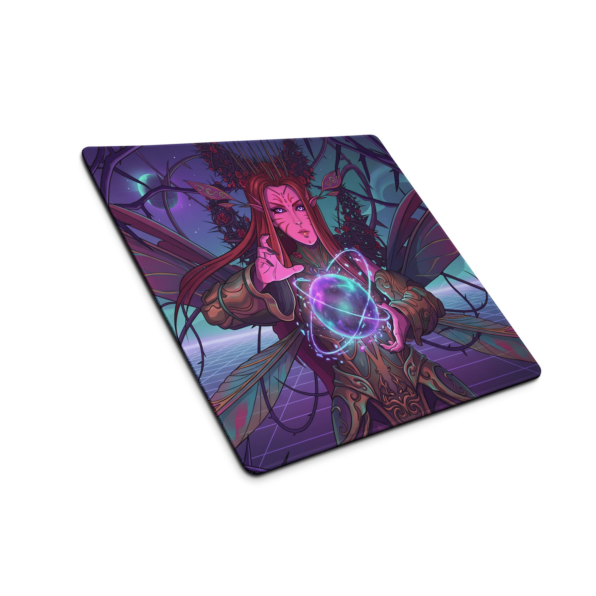 Purple and teal vaporwave elf neon mouse pad featuring a fantasy winged character holding an orb for desk use
