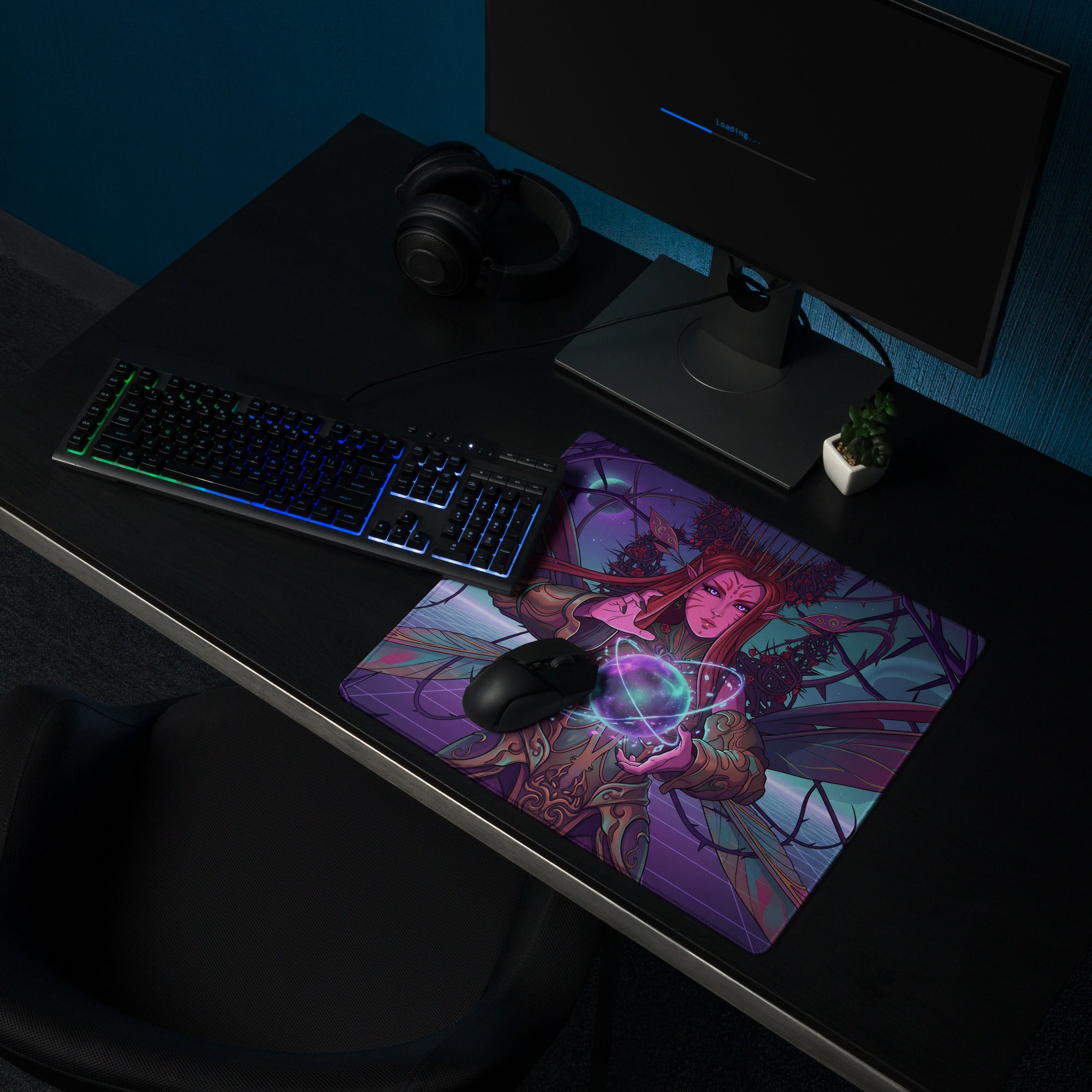Purple and teal vaporwave elf neon mouse pad with fantasy character design for gaming desk setup