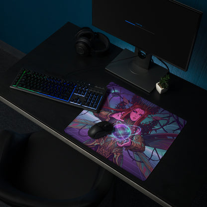 Purple and teal vaporwave elf neon mouse pad with fantasy character design for gaming desk setup