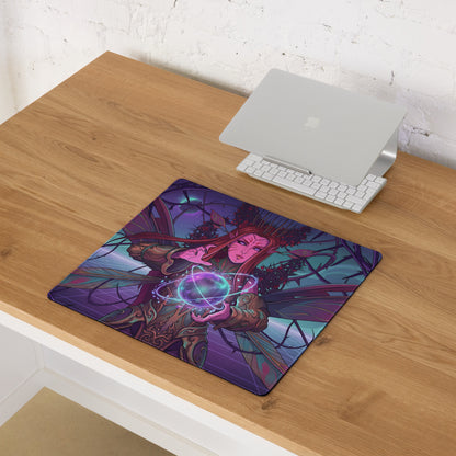 Vaporwave elf neon mouse pad with vibrant purple pink blue fantasy elf holding glowing orb on rectangular surface