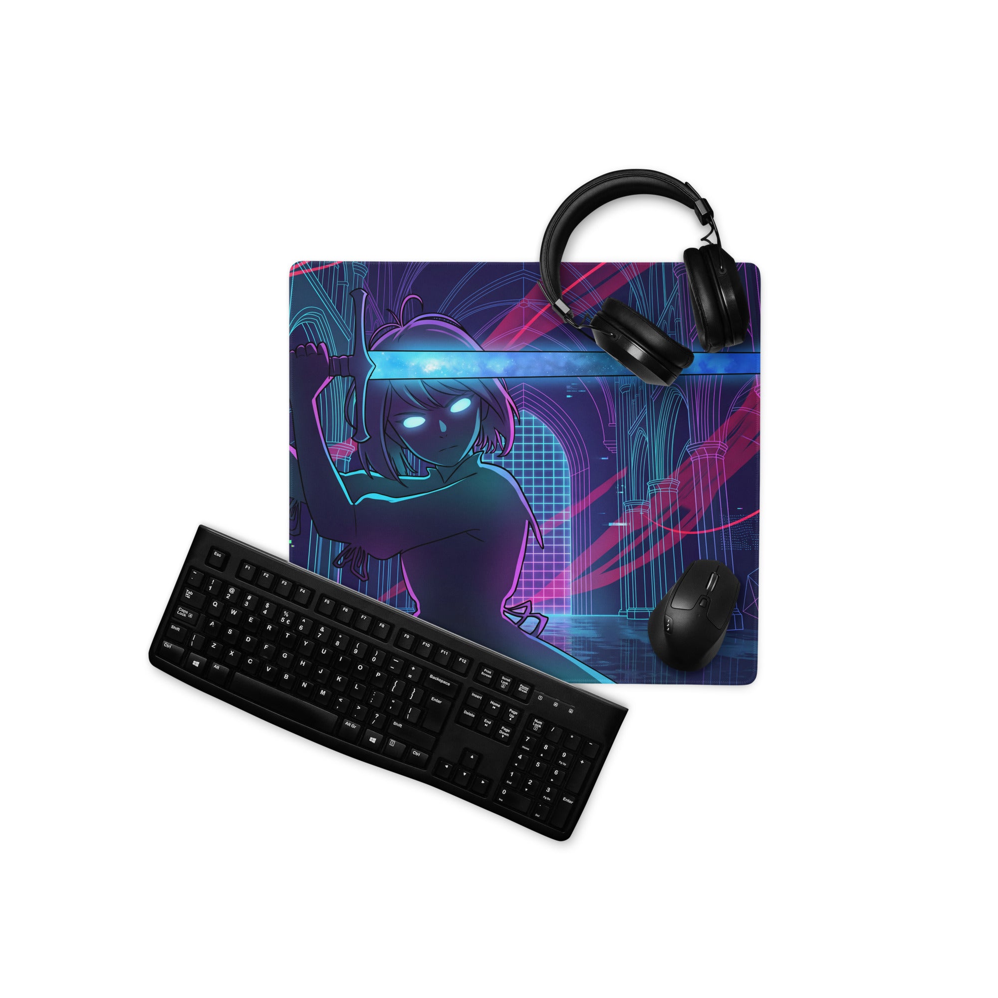 Vaporwave neon blade gaming mouse pad with navy blue and magenta cyberpunk anime character glowing with sword