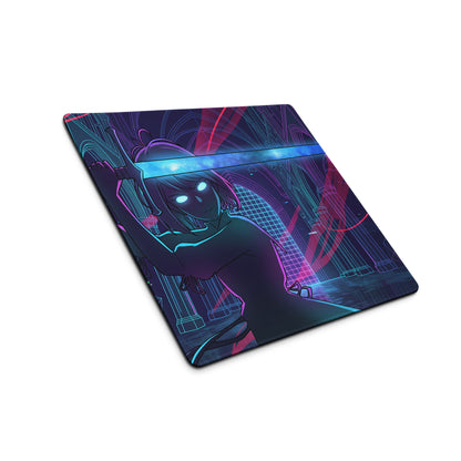 Vaporwave neon blade gaming mouse pad with nebula theme and glowing anime character in neon blue pink cyberpunk design