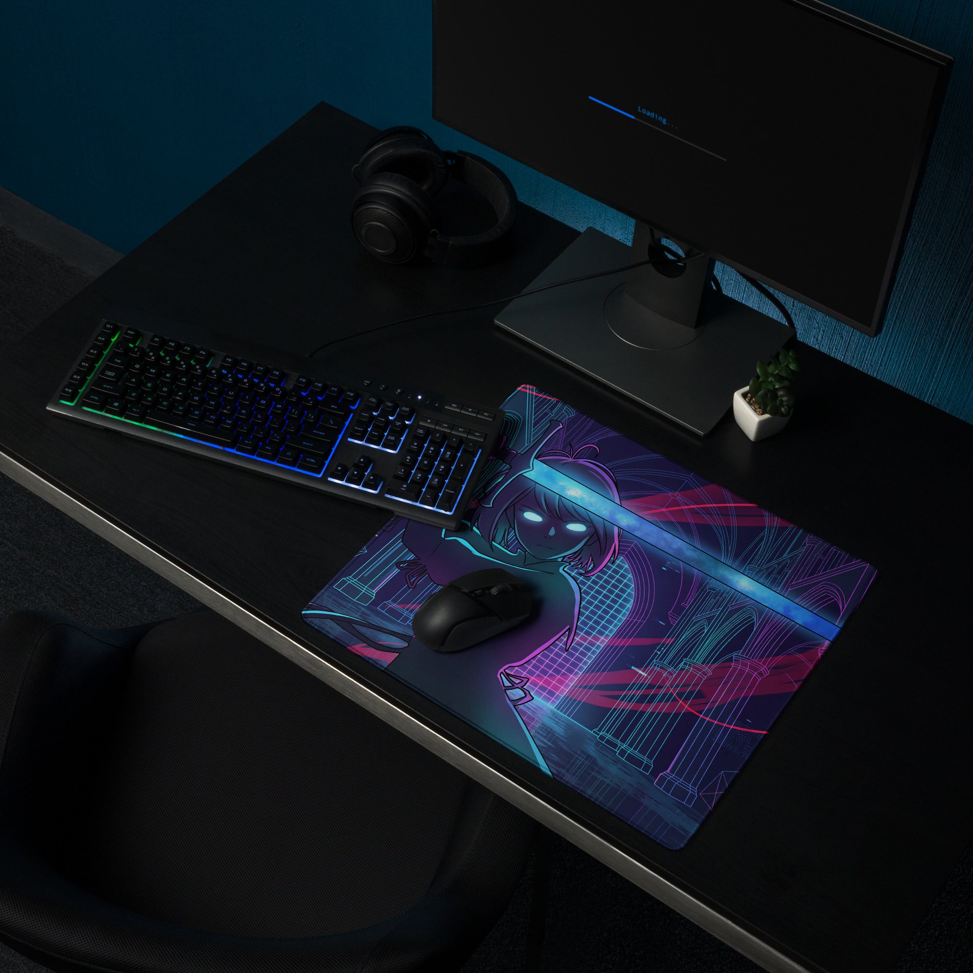 Vaporwave neon blade gaming mouse pad with a stylized anime character glowing eyes and cyberpunk lines in pink blue purple