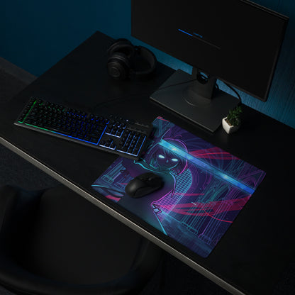 Vaporwave neon blade gaming mouse pad with a stylized anime character glowing eyes and cyberpunk lines in pink blue purple