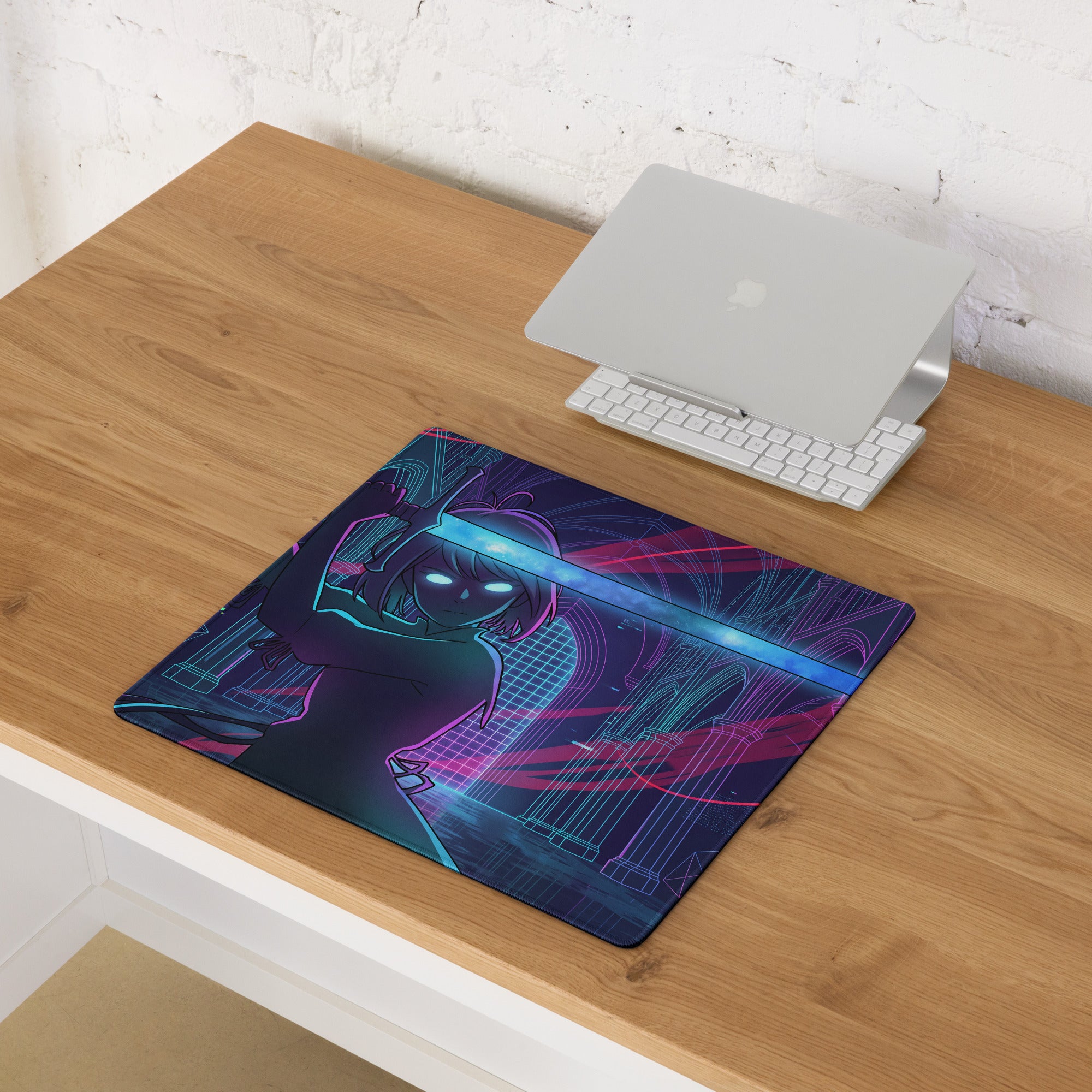 Vaporwave neon blade gaming mouse pad with navy blue and magenta cyberpunk anime character and glowing eyes