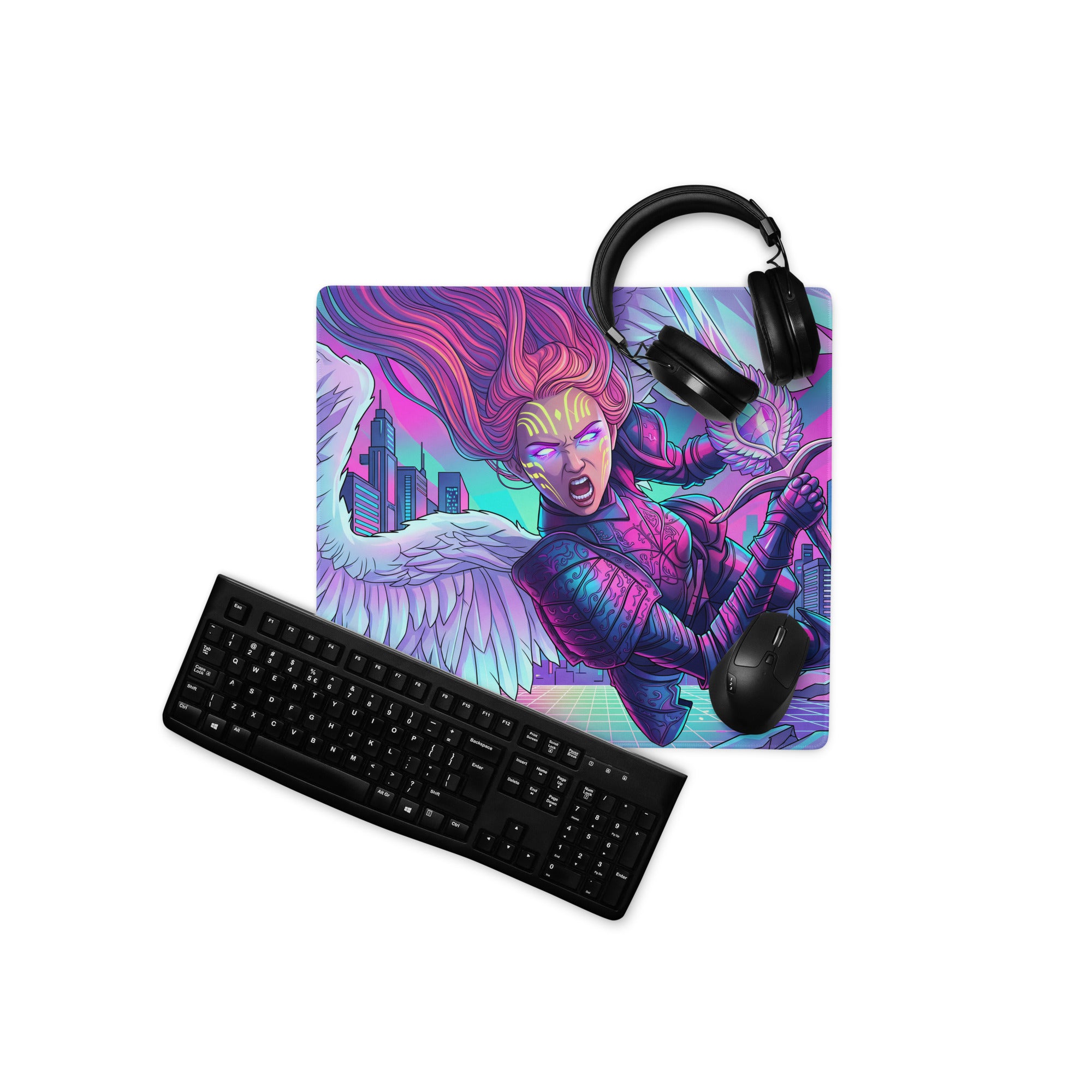 Vibrant neon-pink and purple gaming mousepad featuring a winged warrior against a cityscape in vaporwave style
