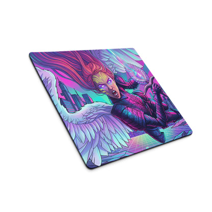Vibrant rectangular gaming mousepad featuring an angelic warrior with red hair and white wings over neon vaporwave cityscape