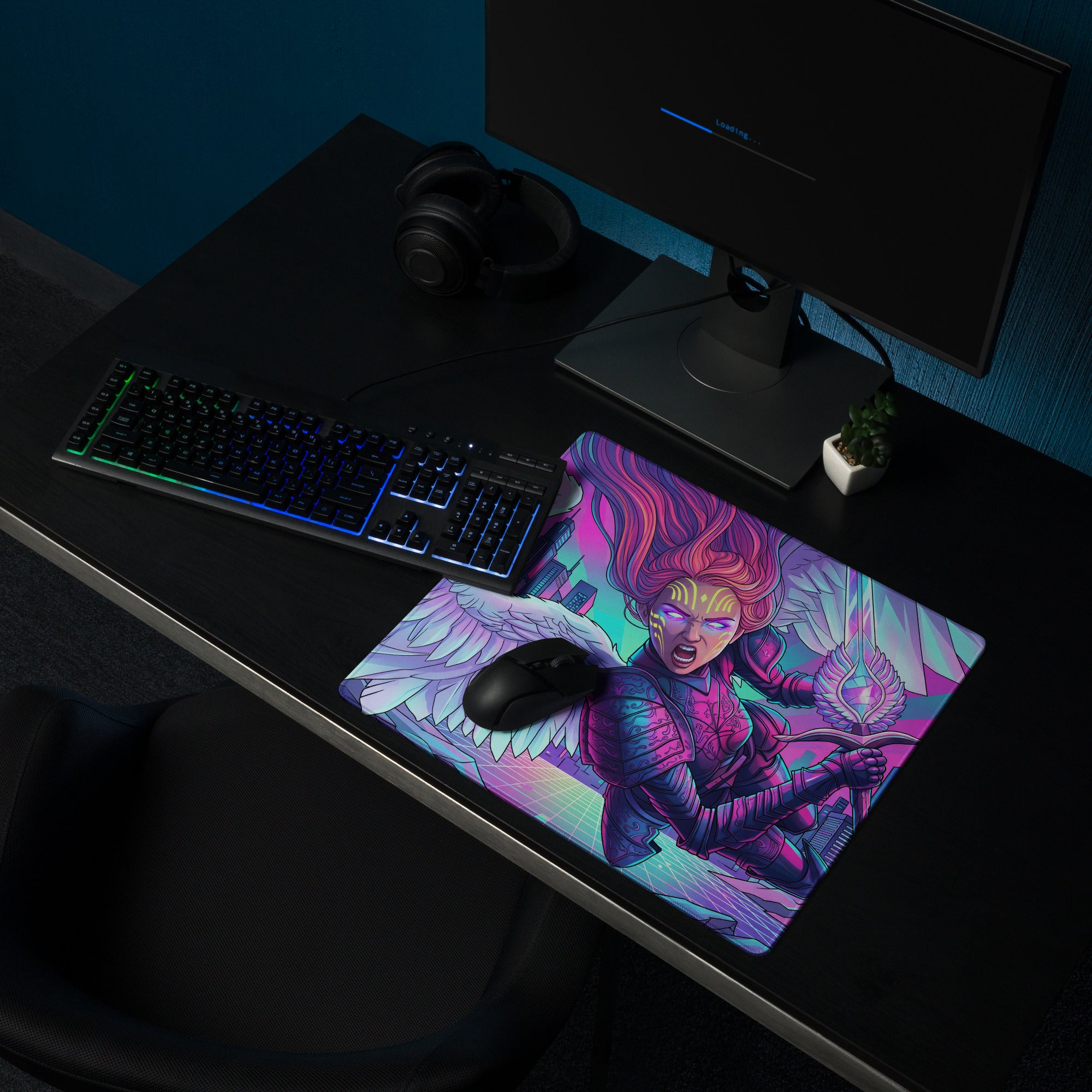 Vibrant neon pink and purple vaporwave angel city gaming mousepad with winged warrior design for desktop use