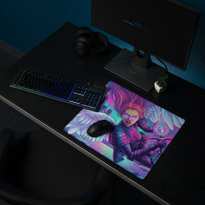 Vibrant neon pink and purple vaporwave angel city gaming mousepad with winged warrior design for desktop use