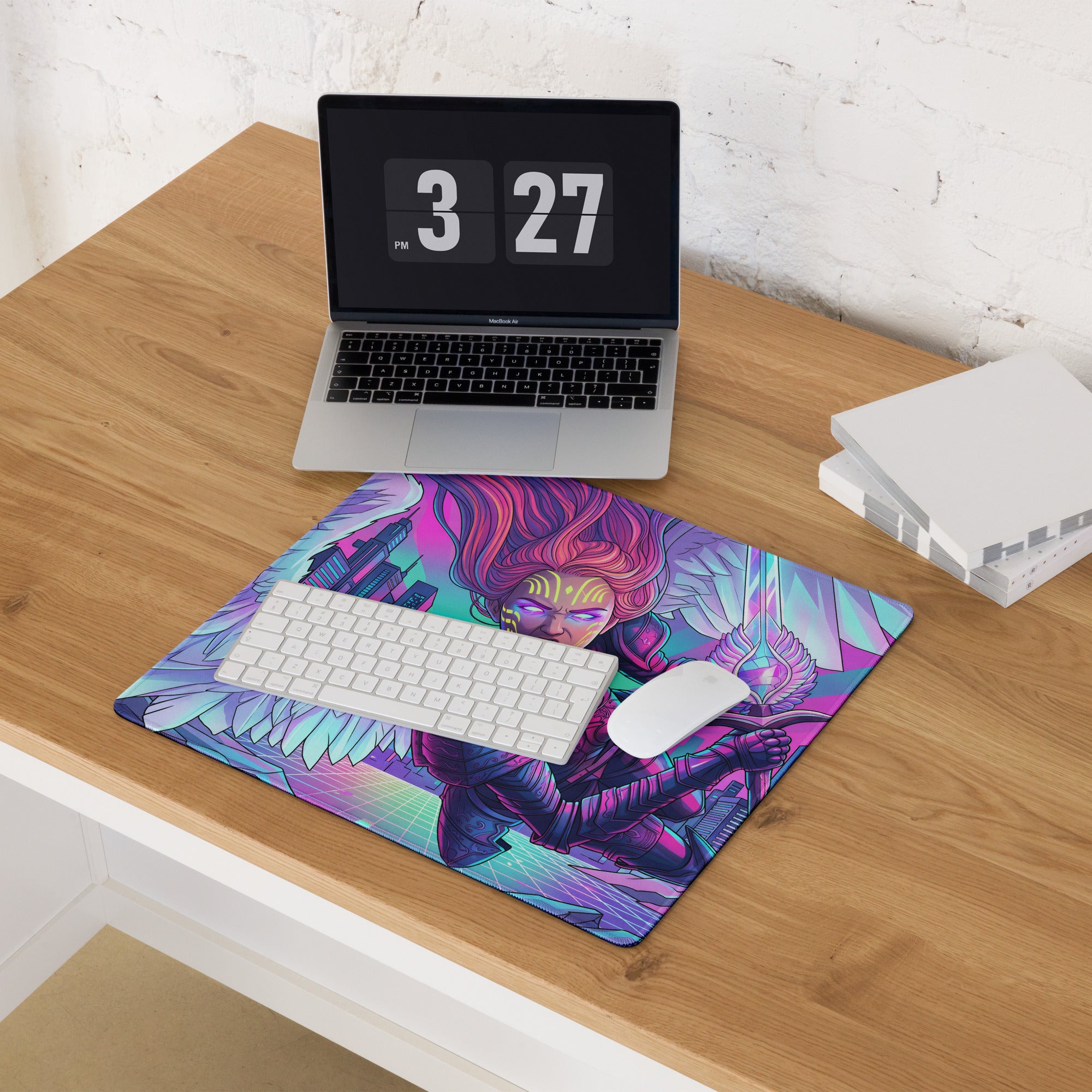Vibrant purple and pink vaporwave angel city mousepad with winged fantasy character under keyboard and mouse
