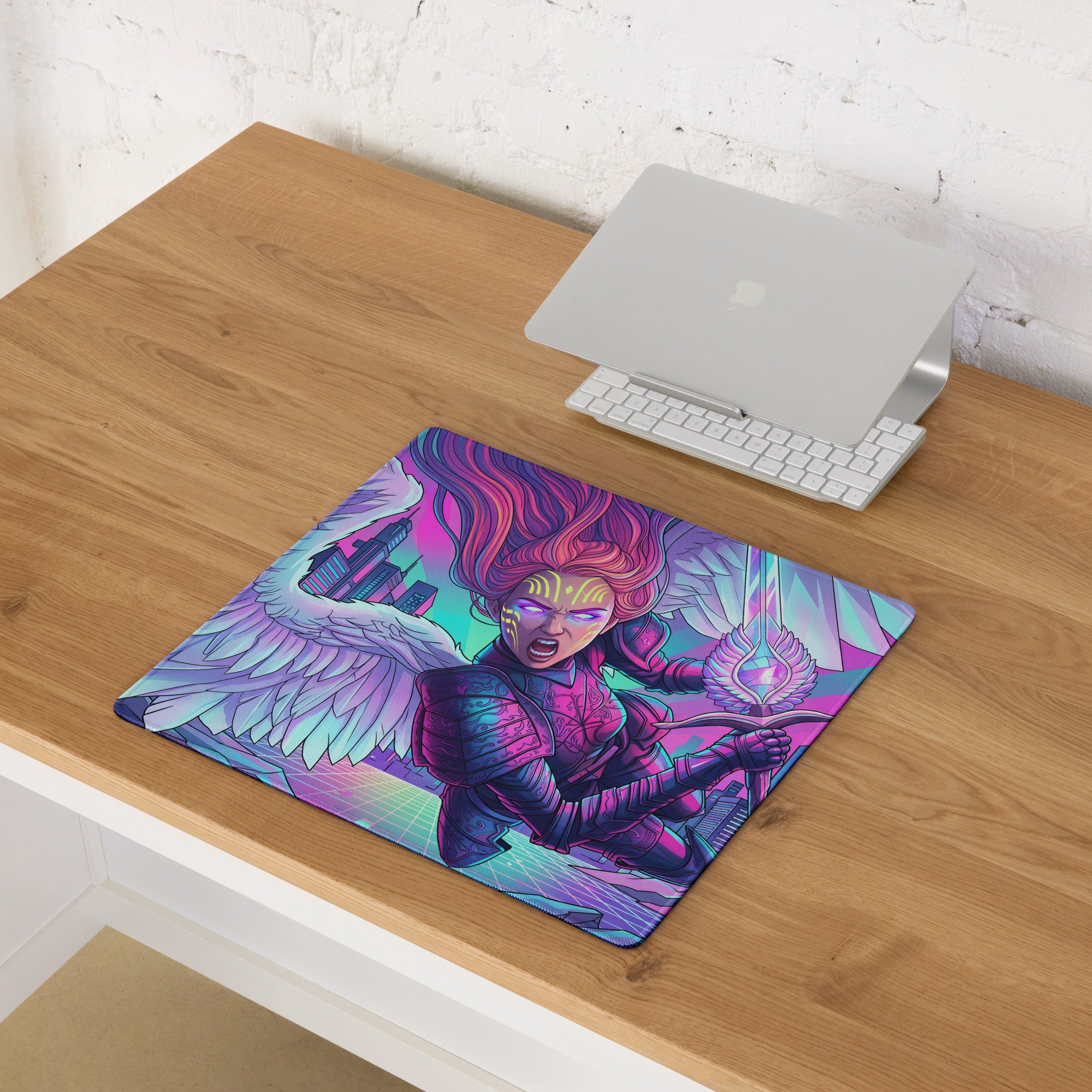 Vaporwave angel city rectangular mousepad with vibrant neon pink purple cyan winged warrior graphic design