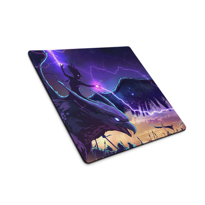 Purple and black vaporwave dragon neon gaming mouse pad with mythological rider and lightning storm design