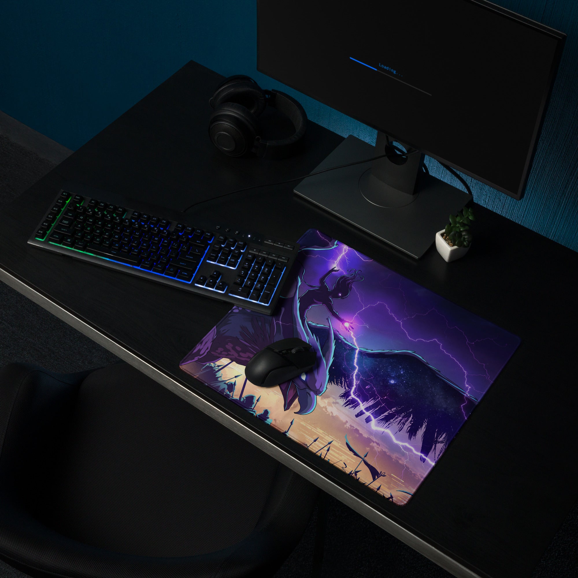 Purple and black vaporwave dragon neon gaming mouse pad with fantasy character and lightning effects for desk use