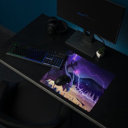 Purple and black vaporwave dragon neon gaming mouse pad with fantasy character and lightning effects for desk use