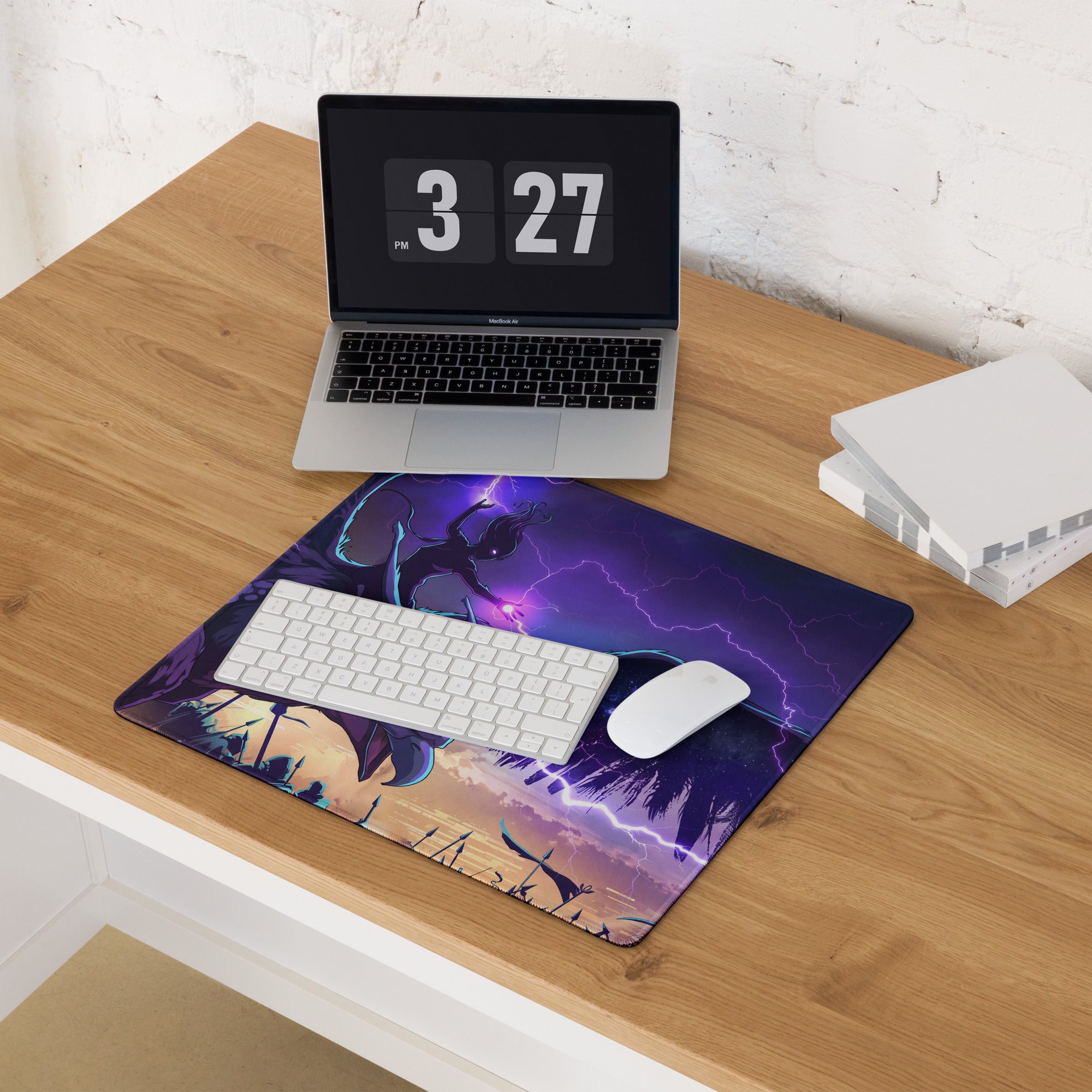Vaporwave dragon neon mouse pad in purple and black featuring lightning bolts palm trees and an anime character silhouette