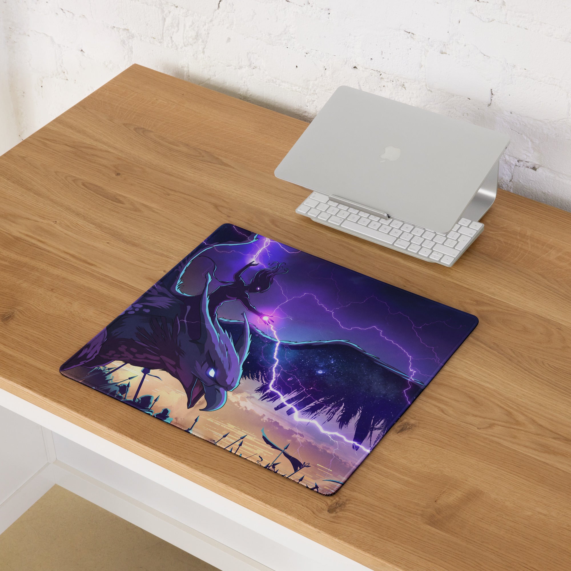 Purple and black vaporwave dragon neon mouse pad featuring a fantasy dragon with lightning effects for desk use