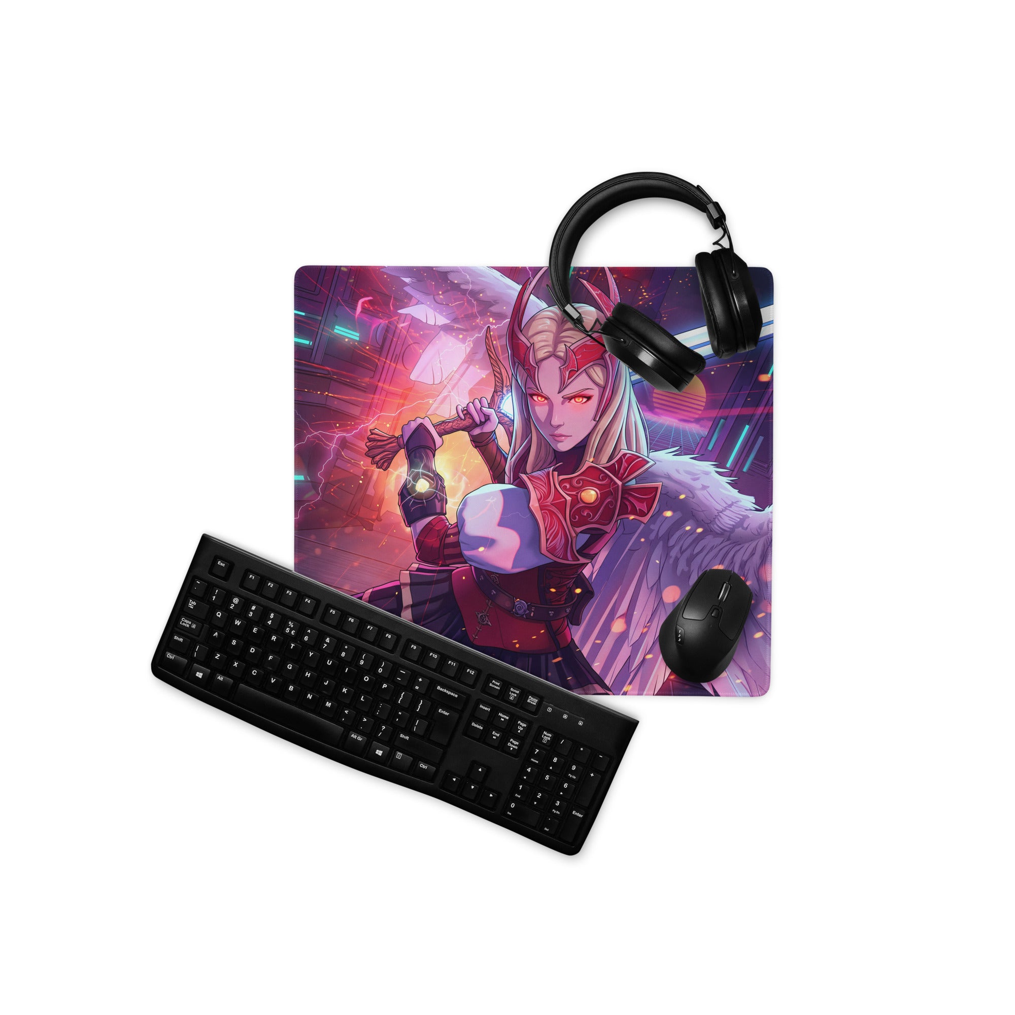 Vaporwave neon valkyrie mouse pad featuring a fantasy warrior in red and purple armor on a neon cyberpunk backdrop