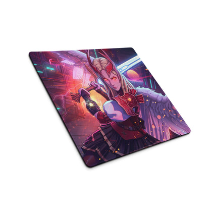 Vibrant purple vaporwave neon valkyrie gaming mousepad with anime-style winged warrior and glowing red eyes illustration